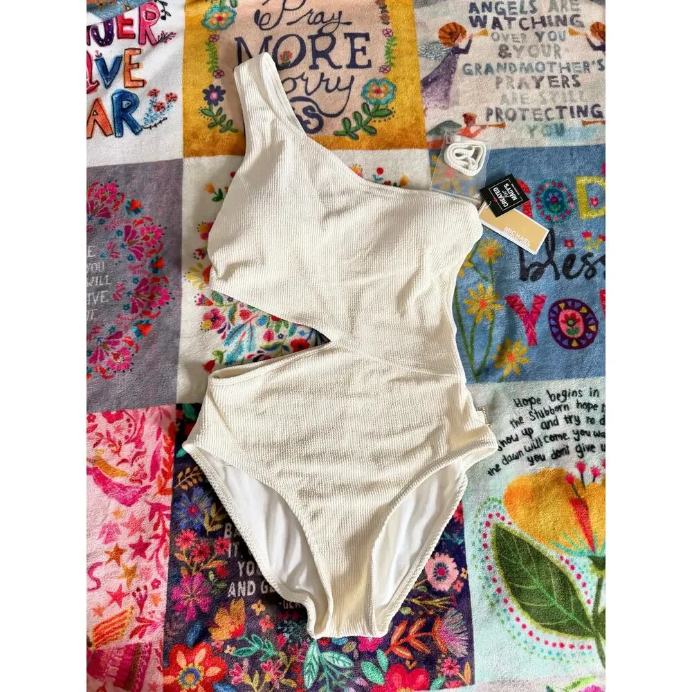 MICHAEL Michael Kors One Piece Swimsuit Cut Out Size 8 Ribbed One Shoulder‎ NEW